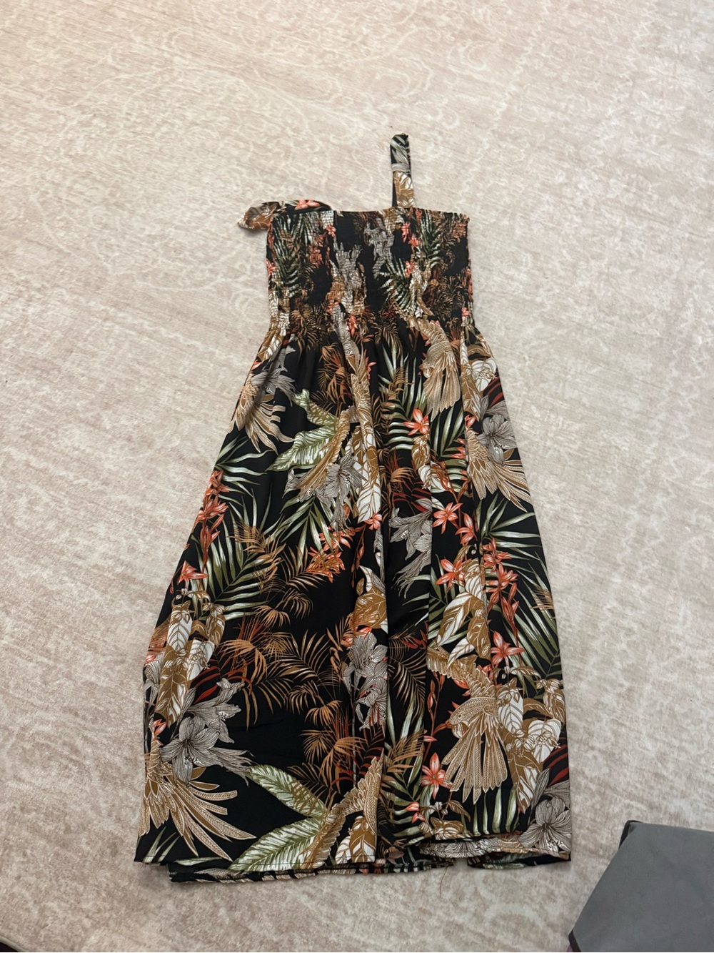 Kaktus Black Tropical Floral Smocked Midi Dress
